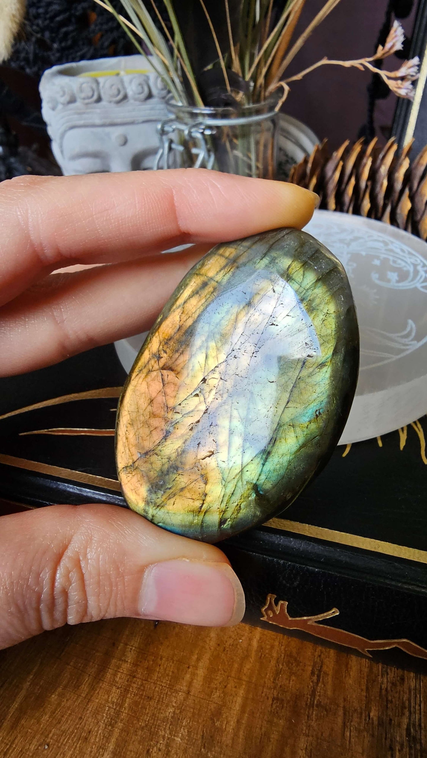 Galet labradorite orange verte